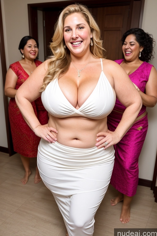 ai nude image of araffe woman in a white dress standing in front of three women pics of Busty Big Ass Big Hips Long Hair Fairer Skin Blouse Sari Cleavage Nude Thick 30s Chubby Hip Hop Several Milf Massage Happy Laughing