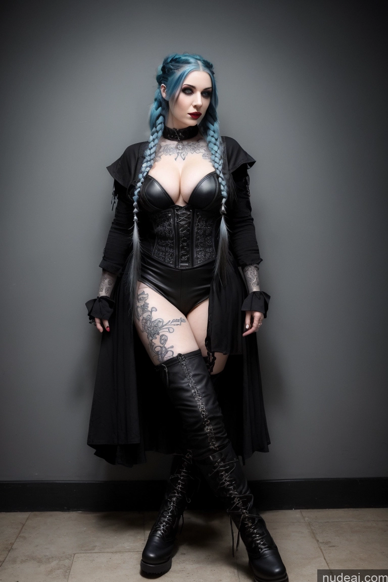 ai nude image of arafed woman with blue hair and black leather outfit posing for a picture pics of One Perfect Boobs Fairer Skin Lipstick Long Legs 30s Dark Fantasy Dark Lighting Woman Braided Goth Boots Big Hips Tattoos Dress German T-pose Leather Blue Hair