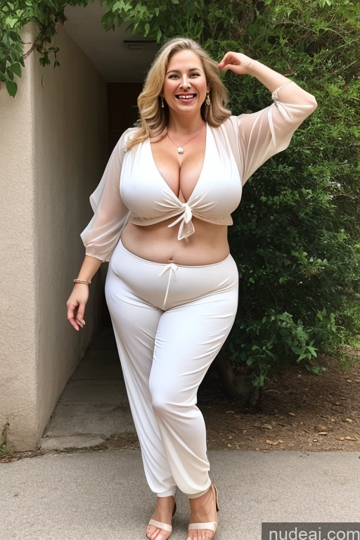 ai nude image of araffe woman in a white top and white pants posing for a picture pics of Busty Big Ass Big Hips Long Hair Fairer Skin Blouse Sari Cleavage Nude 30s Chubby Hip Hop Milf Happy Laughing Front View Transparent