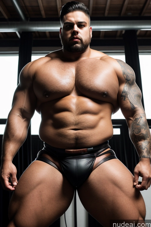 ai nude image of arafed man in a black leather brief posing for a picture pics of Bodybuilder One Huge Boobs Tattoos Muscular Big Ass Abs Thick Chubby Big Hips Long Legs Tall Pubic Hair Angry Seductive Italian Bdsm Dominatrix Suspender Belt Stockings High Heels