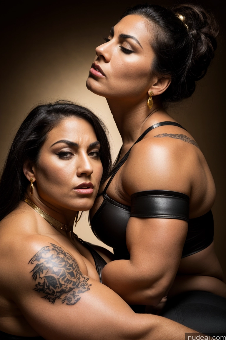 ai nude image of two women in black lingersuits posing for a picture pics of Bodybuilder Huge Boobs Tattoos Muscular Big Ass Abs Thick Chubby Big Hips Long Legs Tall Pubic Hair Angry Black Hair Straight Italian Bdsm Dominatrix Stockings Suspender Belt High Heels Gold Jewelry