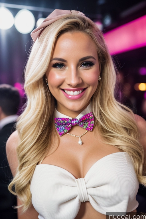 ai nude image of blond woman with a bow tie and a white top smiling pics of Woman 20s White Club Blouse Bow Tie Bows Jacket Long Skirt Tie Diamond Jewelry Pearl Jewelry Happy Blonde