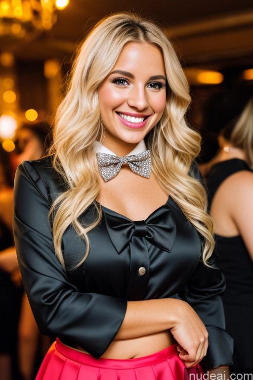 ai nude image of blonde woman in black top and pink skirt smiling at camera pics of Woman 20s White Club Blouse Bow Tie Bows Jacket Long Skirt Tie Diamond Jewelry Pearl Jewelry Happy Blonde