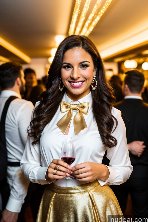 ai nude image of araffe woman in a white shirt and gold skirt holding a glass of wine pics of Woman 20s Happy White Club Blouse Bow Tie Bows Jacket Long Skirt Tie Diamond Jewelry Gold Jewelry Pearl Jewelry Wine Brunette