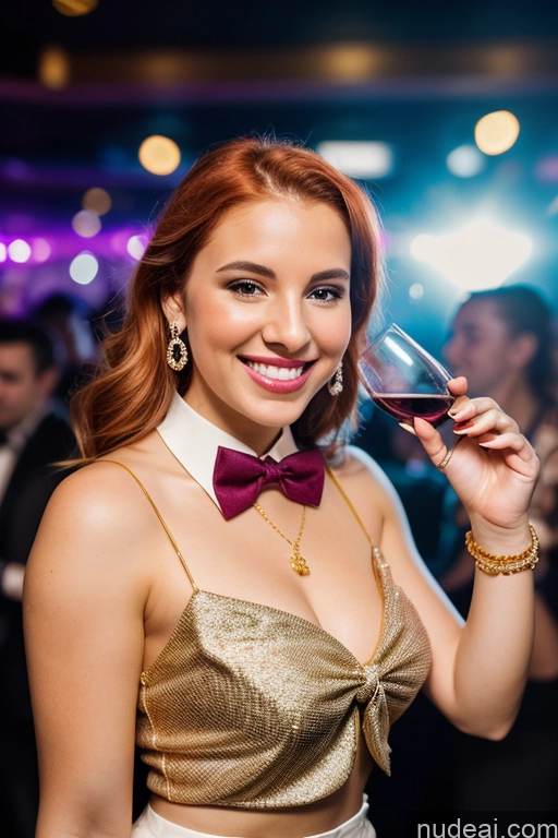 ai nude image of there is a woman holding a glass of wine in her hand pics of Woman 20s Happy White Club Blouse Bow Tie Bows Jacket Long Skirt Tie Diamond Jewelry Gold Jewelry Pearl Jewelry Wine Ginger