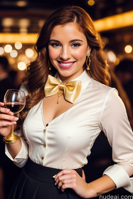 ai nude image of arafed woman in a white shirt and black skirt holding a glass of wine pics of Woman 20s Happy White Club Blouse Bow Tie Bows Jacket Long Skirt Tie Diamond Jewelry Gold Jewelry Pearl Jewelry Wine Ginger