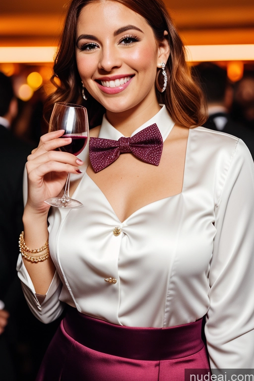 ai nude image of smiling woman in white shirt and purple skirt holding a glass of wine pics of Woman 20s Happy White Club Blouse Bow Tie Bows Jacket Long Skirt Tie Diamond Jewelry Wine Ginger Pearl Jewelry