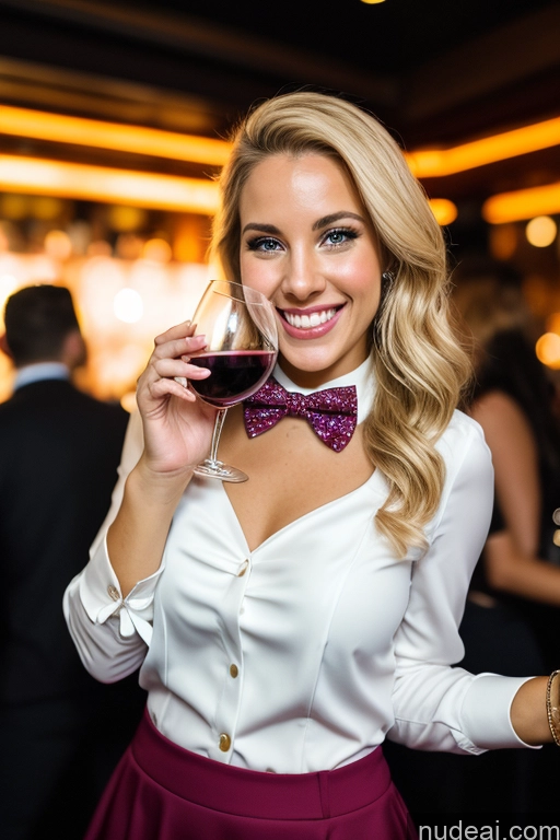 ai nude image of blond woman in a white shirt and red skirt holding a glass of wine pics of Woman 20s Happy White Club Blouse Bow Tie Bows Jacket Long Skirt Tie Diamond Jewelry Wine Blonde