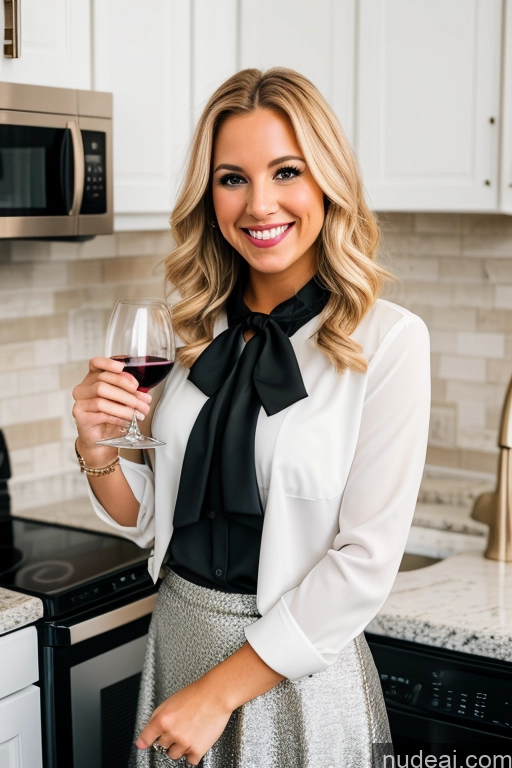 ai nude image of blonde woman in a white blouse and black tie holding a glass of wine pics of Woman 20s Happy White Blouse Bow Tie Bows Jacket Long Skirt Tie Diamond Jewelry Wine Blonde Kitchen