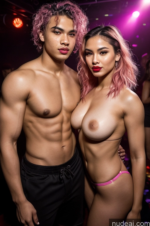 ai nude image of arafed man and woman posing for a picture in a nightclub pics of Perfect Boobs Bright Lighting Tattoos Pouting Lips Several Muscular Abs Front View Woman + Man Perfect Body Oiled Body Lipstick Fairer Skin 18 Pink Hair Messy Filipina Cyberpunk Club