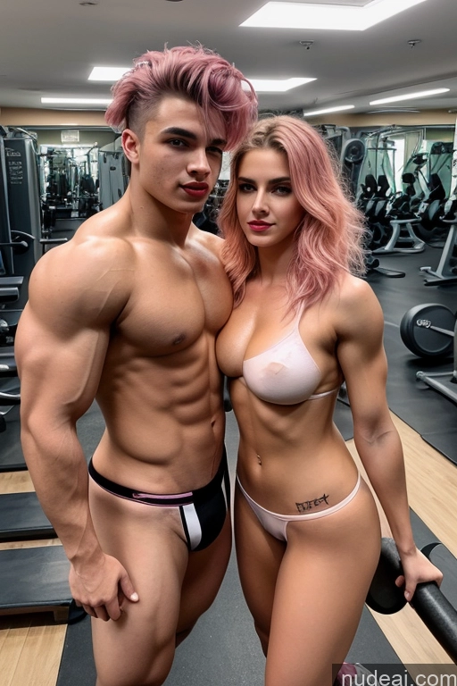 ai nude image of arafed man and woman posing in a gym with a bar pics of Perfect Boobs Bright Lighting Tattoos Pouting Lips Several Muscular Abs Front View Woman + Man Perfect Body Oiled Body Lipstick Fairer Skin 18 Pink Hair Messy Hungarian Watercolor Gym