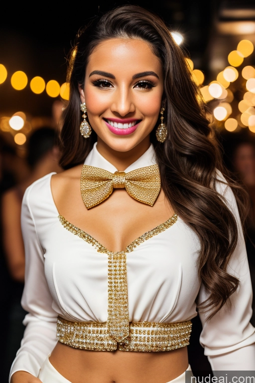 ai nude image of araffed woman in a white top and gold bow tie pics of Woman 20s Happy Brunette White Club Blouse Bows Bow Tie Jacket Long Skirt Tie Diamond Jewelry Gold Jewelry Jewelry Pearl Jewelry