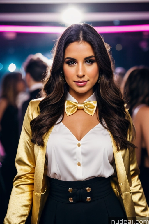 ai nude image of araffe woman in a gold jacket and bow tie posing for a picture pics of Woman 20s Brunette White Club Blouse Bows Bow Tie Jacket Long Skirt Tie Diamond Jewelry Gold Jewelry Jewelry Pearl Jewelry