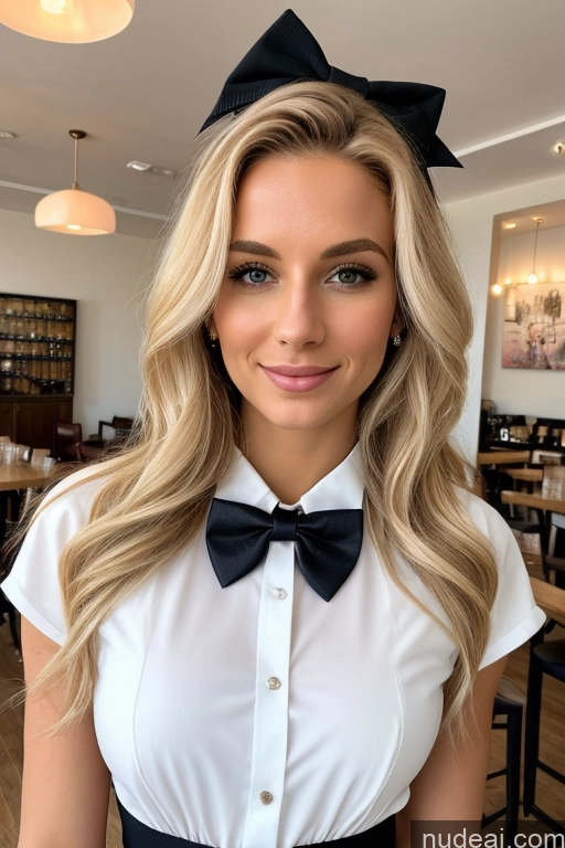 ai nude image of blond woman with long hair wearing a white shirt and black bow tie pics of Woman 20s White Blouse Bows Bow Tie Jacket Long Skirt Tie Diamond Jewelry Pearl Jewelry Blonde Straight Skinny Cafe