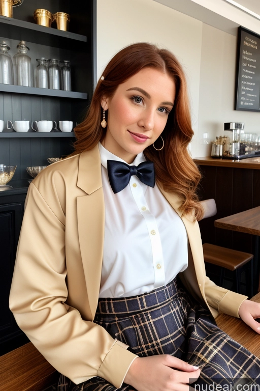 ai nude image of woman sitting at a table with a glass of wine in her hand pics of Woman 20s Ginger Straight White Cafe Blouse Bows Bow Tie Jacket Long Skirt Tie Diamond Jewelry Gold Jewelry Jewelry Pearl Jewelry