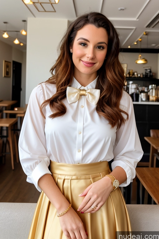 ai nude image of arafed woman in a white shirt and gold skirt posing for a picture pics of Woman 20s Ginger Straight White Cafe Blouse Bows Bow Tie Jacket Long Skirt Tie Diamond Jewelry Gold Jewelry Jewelry Pearl Jewelry