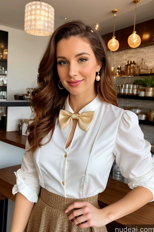 ai nude image of arafed woman in a white shirt and a brown skirt pics of Woman 20s Ginger Straight White Cafe Blouse Bows Bow Tie Jacket Long Skirt Tie Diamond Jewelry Gold Jewelry Jewelry Pearl Jewelry