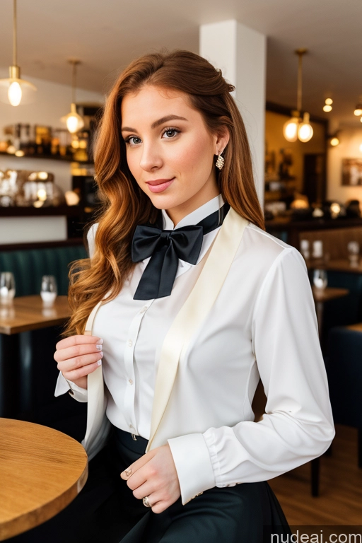 ai nude image of there is a woman in a white shirt and black skirt posing for a picture pics of Woman 20s Ginger Straight White Cafe Blouse Bows Bow Tie Jacket Long Skirt Tie Diamond Jewelry Gold Jewelry Jewelry Pearl Jewelry