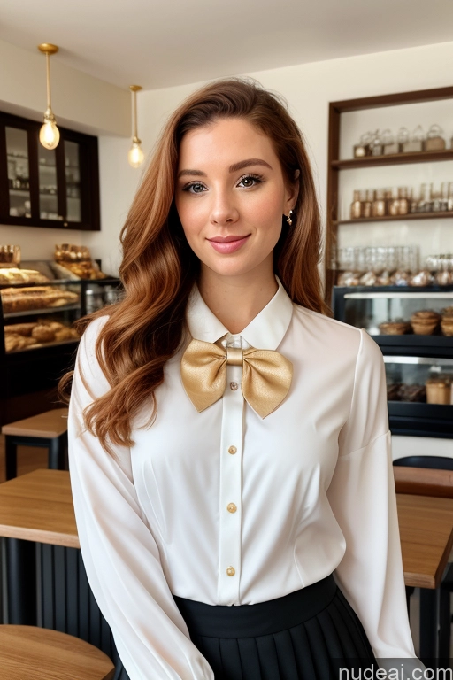 ai nude image of arafed woman in a white shirt and black skirt posing for a picture pics of Woman 20s Ginger Straight White Cafe Blouse Bows Bow Tie Jacket Long Skirt Tie Diamond Jewelry Gold Jewelry Jewelry Pearl Jewelry