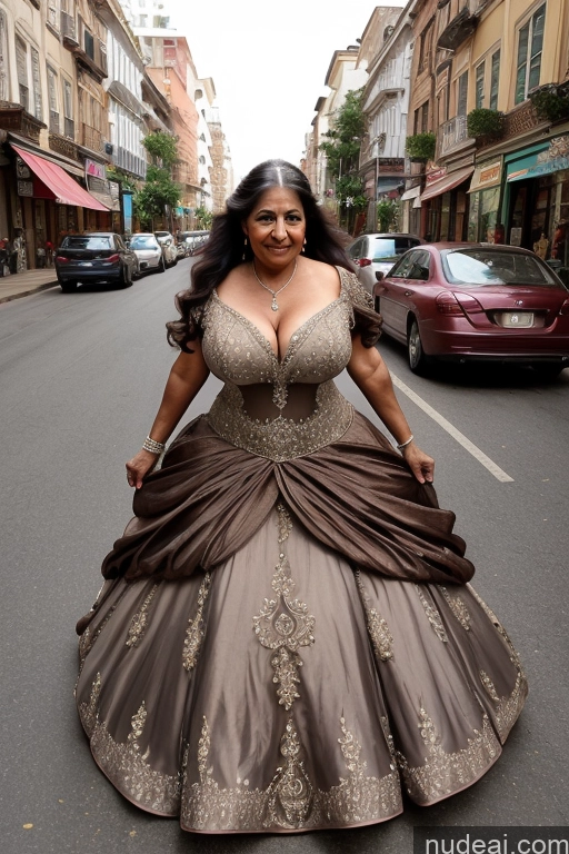 ai nude image of araffe woman in a dress walking down a street in a city pics of Milf One Busty Big Ass Long Hair Indian Cleavage 80s Brunette Street Haute Couture | Ball Gown