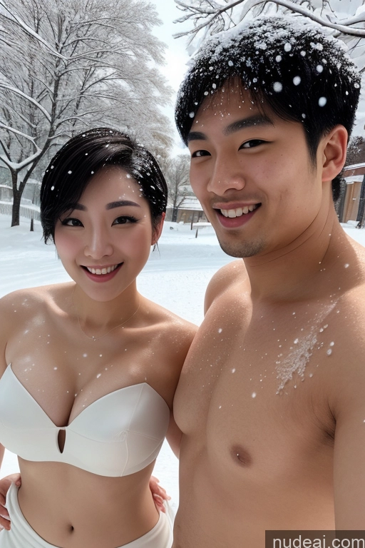 ai nude image of they are posing for a picture in the snow in a white bikini pics of Woman + Man Two Busty Tattoos 20s Happy Black Hair Short Hair 3d Front View Nude Topless Bright Lighting Orgasm Korean Snow Wedding T-pose