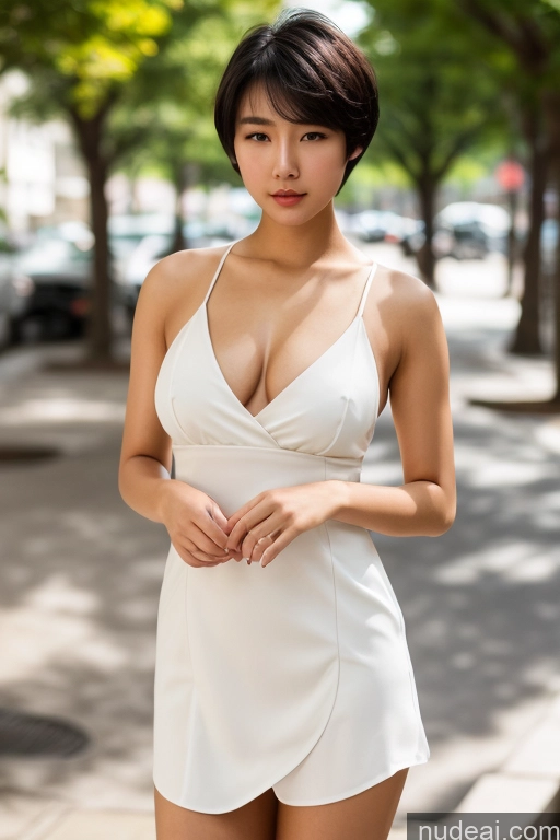 ai nude image of araffe woman in a white dress standing on a city street pics of Woman One Perfect Boobs Perfect Body Black Hair Skin Detail (beta) Street Front View Long Skirt Bright Lighting Detailed Seductive Short Hair Blouse Dress Korean 18