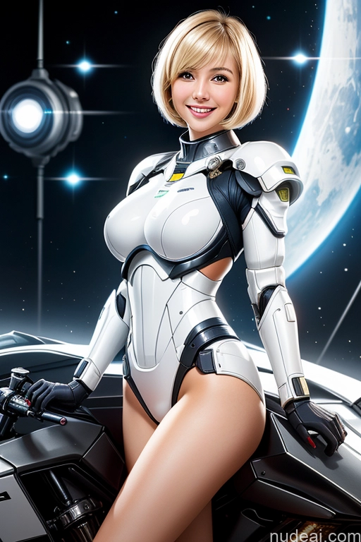 ai nude image of there is a woman in a futuristic suit posing on a motorcycle pics of Woman One Perfect Boobs Beautiful Long Legs 20s Blonde Short Hair Asian Detailed Happy Mech Suit Sci-fi Armor