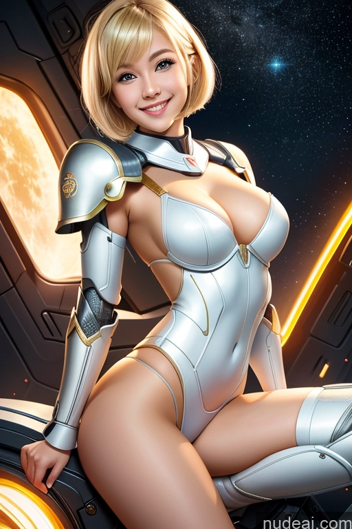 ai nude image of arafed woman in a silver suit sitting on a motorcycle pics of Woman One Perfect Boobs Beautiful Long Legs 20s Blonde Short Hair Asian Detailed Happy Sci-fi Armor