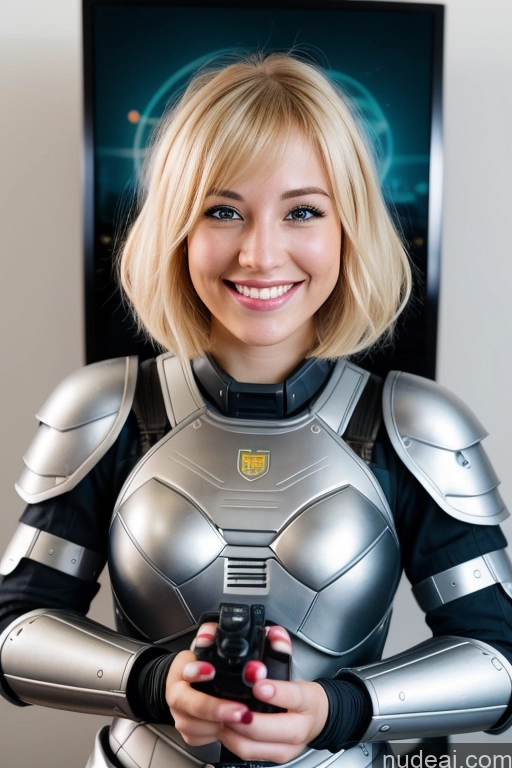 ai nude image of blond woman in a futuristic suit holding a camera and smiling pics of Woman One Beautiful 20s Happy Blonde Bobcut Gaming Sci-fi Armor Detailed British