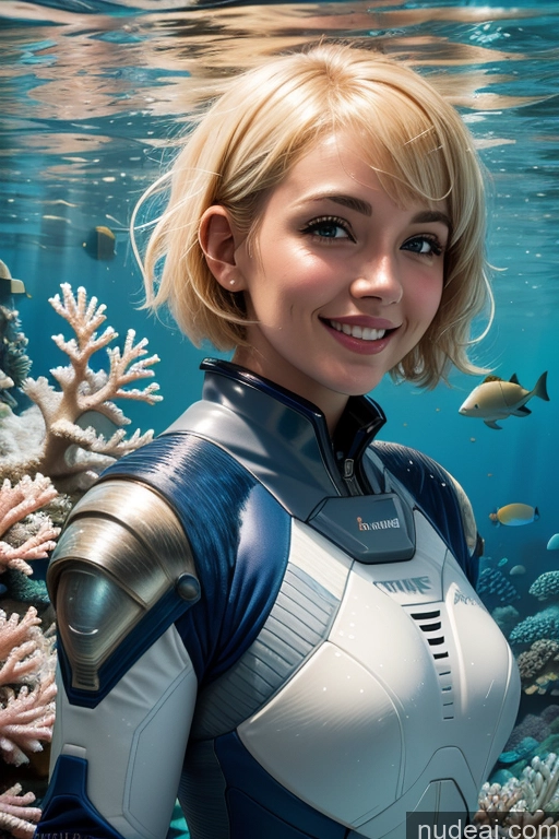 ai nude image of blond woman in a wetsuit standing in front of a coral reef pics of Woman One Beautiful 20s Happy Blonde Short Hair British Underwater Sci-fi Armor Space Suit Mech Suit Detailed Bright Lighting