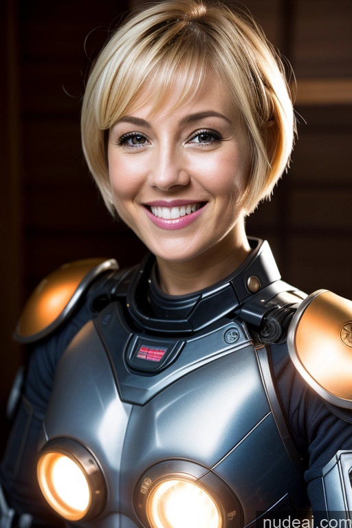 ai nude image of blond woman in a futuristic suit with glowing lights on her chest pics of Woman One Beautiful Happy Blonde Short Hair British Sci-fi Armor Mech Suit Detailed Bright Lighting 40s Onsen