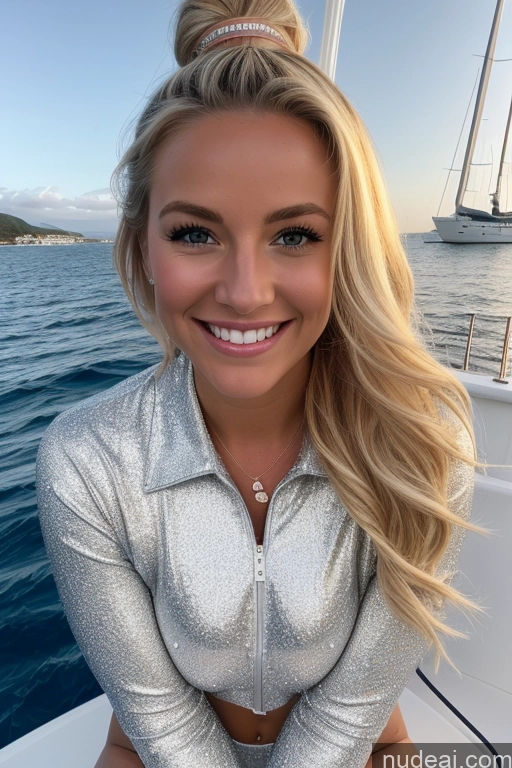 ai nude image of blonde woman with a silver top and a silver jacket on a boat pics of One Beautiful 20s Happy Blonde Ponytail Sci-fi Armor Mech Suit Detailed Bright Lighting Yacht