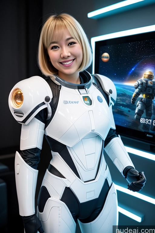 ai nude image of woman in white suit standing in front of a tv with a video game on it pics of One Beautiful 20s Happy Blonde Sci-fi Armor Mech Suit Detailed Bright Lighting Gaming Bobcut Asian Space Suit Long Legs