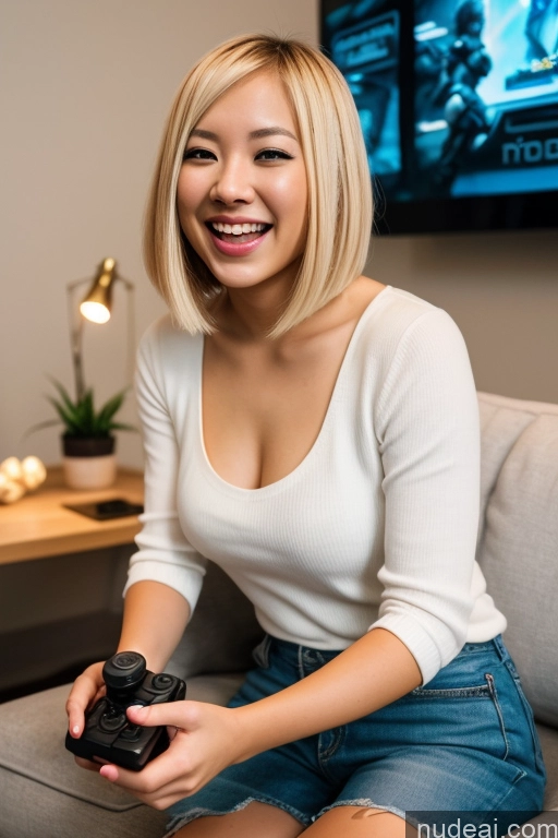 ai nude image of smiling woman sitting on a couch holding a game controller pics of Woman One Beautiful 20s Laughing Blonde Bobcut Asian Gaming Detailed 3d Sci-fi Armor