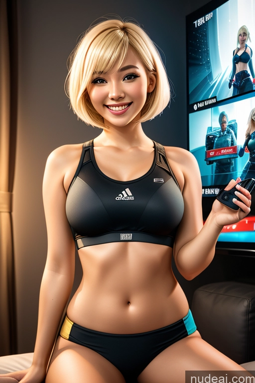 ai nude image of blond woman in black sports bra top holding a cell phone pics of Woman One Beautiful 20s Laughing Blonde Bobcut Asian Gaming Detailed 3d Sci-fi Armor Sports Bra