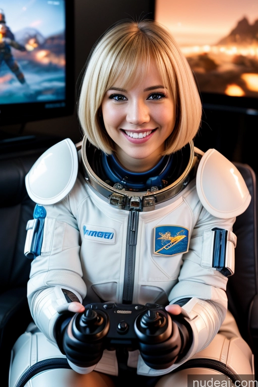 ai nude image of blond woman in white space suit holding video game controller pics of One Woman Beautiful 20s Happy Blonde Bobcut British Gaming Space Suit Sci-fi Armor Detailed Bright Lighting