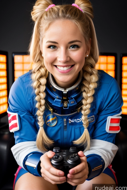 ai nude image of blond woman in blue racing suit holding a camera and smiling pics of One Woman Beautiful 20s Happy British Gaming Sci-fi Armor Detailed Bright Lighting Space Suit Blonde Pigtails