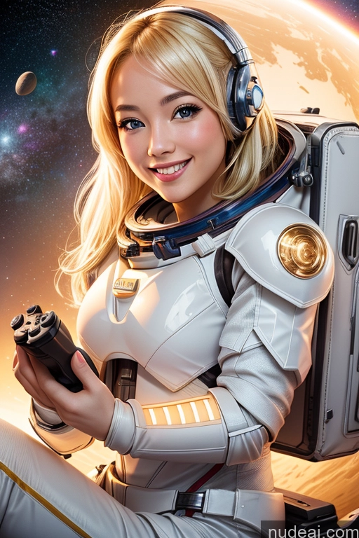 ai nude image of blond woman in space suit holding a camera and smiling pics of One Woman Beautiful 20s Happy Gaming Sci-fi Armor Detailed Bright Lighting Space Suit Blonde Asian Pixie