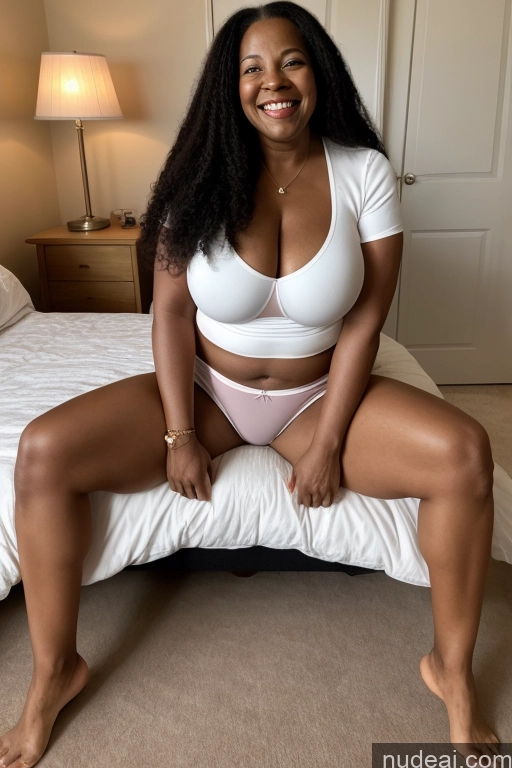 ai nude image of there is a woman sitting on a bed wearing a white top pics of One Huge Boobs 70s Happy Black Hair Long Hair Black Film Photo Front View Bedroom Bright Lighting Pov Panties Panties Micro Skirt