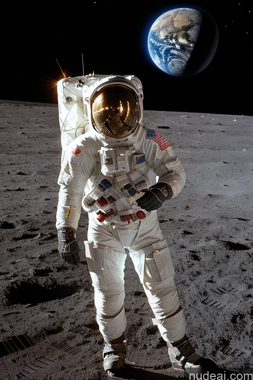 ai nude image of astronaut standing on the moon with earth in the background pics of Woman Beautiful Happy Detailed Bright Lighting Big Hips Perfect Boobs Front View One Busty Big Ass 30s Blonde Bobcut British Moon Space Suit Sci-fi Armor Eating