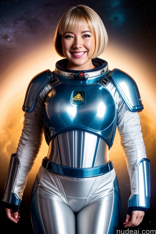 ai nude image of arafed woman in a silver suit posing for a picture pics of Woman Beautiful Big Ass Big Hips Happy Blonde Bobcut Front View Bright Lighting Detailed 20s Space Suit Sci-fi Armor One Asian