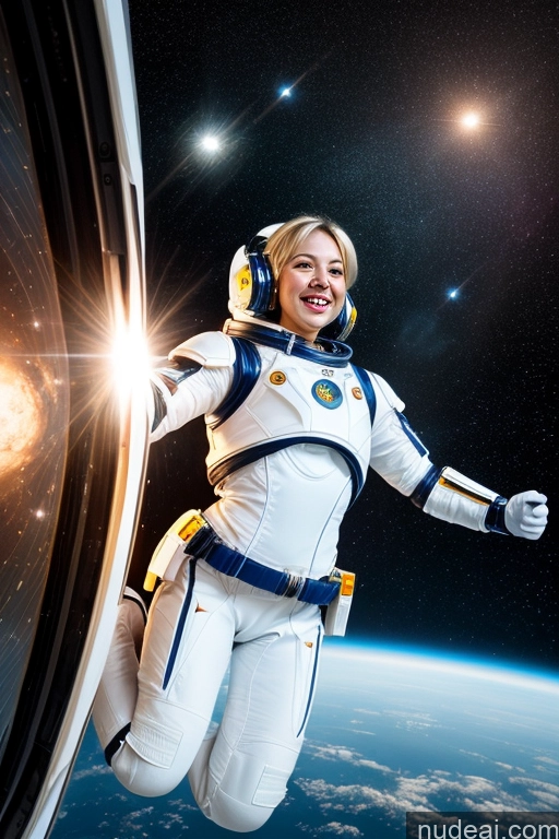 ai nude image of arafed woman in a space suit is flying through the air pics of Woman Beautiful Big Hips Happy Blonde Bobcut Front View Bright Lighting Detailed Space Suit Sci-fi Armor One Jumping British 20s