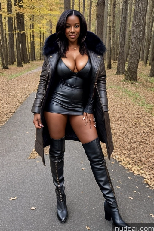 ai nude image of araffe in a black leather dress and boots posing for a picture pics of Busty Perfect Boobs Beautiful Perfect Body Dark Skin 40s Boots Leather Parka Topless