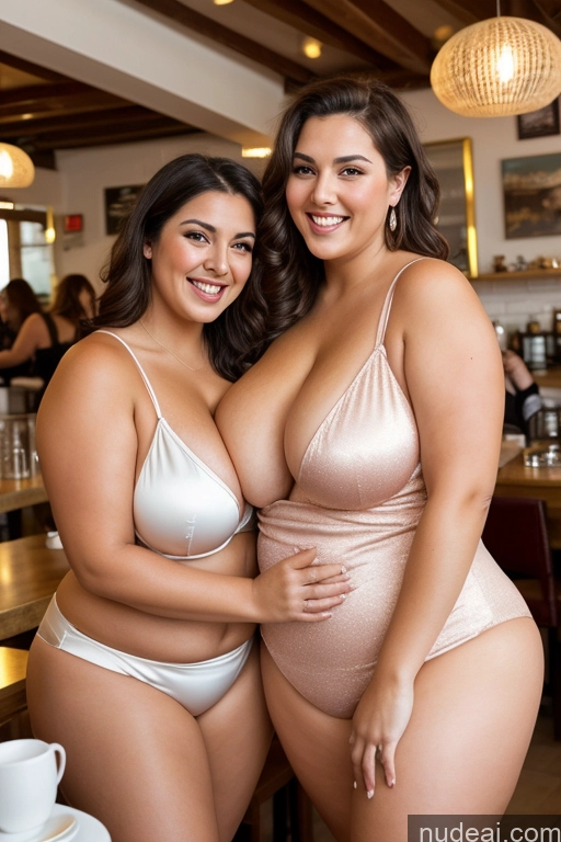 ai nude image of two women in lingersuits posing for a picture in a restaurant pics of Busty Beautiful Thick British Satin Cafe Happy Laughing 30s Chubby Fat Cleavage Two Big Hips Big Ass