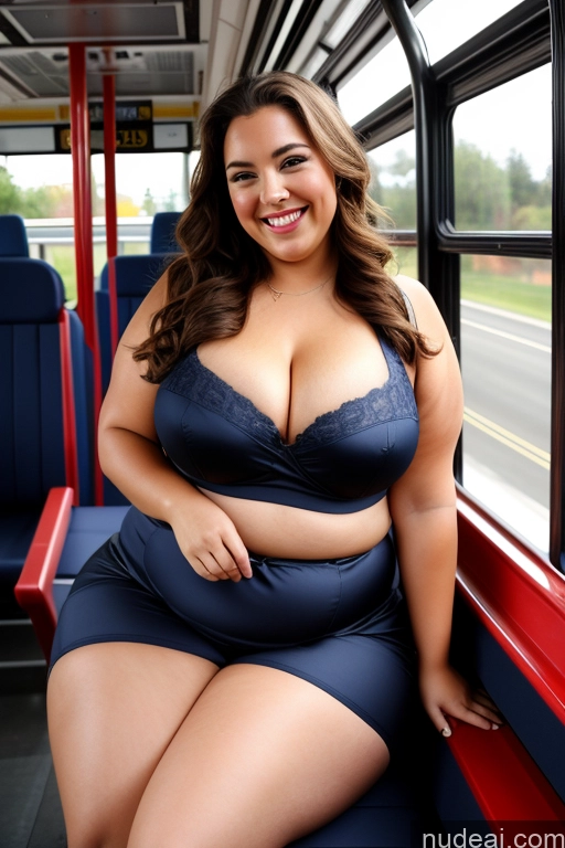 ai nude image of araffe woman in a blue dress sitting on a bus pics of Busty Beautiful Thick British Satin Happy Laughing 30s Chubby Fat Cleavage Big Hips Big Ass Bus One Woman