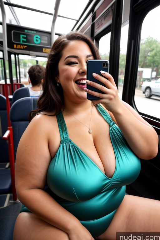 ai nude image of araffe woman in a green dress taking a picture of herself on a bus pics of Woman 30s Busty Thick Chubby Beautiful Blowjob Bus Satin Laughing One Mirror Selfie