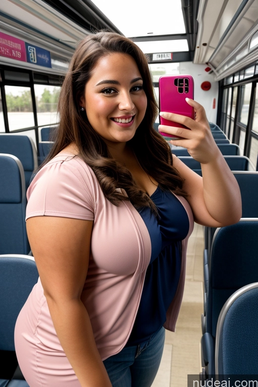 ai nude image of araffe woman taking a selfie on a bus with a pink phone pics of Woman 30s Busty Thick Chubby Beautiful Bus Satin One Mirror Selfie Front View Long Hair Happy