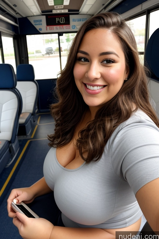 ai nude image of arafed woman in a gray shirt holding a cell phone pics of Woman 30s Busty Thick Chubby Beautiful Bus Satin One Mirror Selfie Front View Long Hair Happy