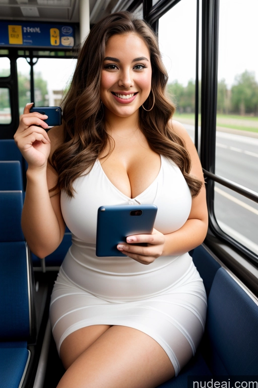 ai nude image of araffe woman in white dress sitting on bus holding cell phone pics of Woman 30s Busty Thick Chubby Beautiful Bus Satin One Mirror Selfie Front View Long Hair Happy