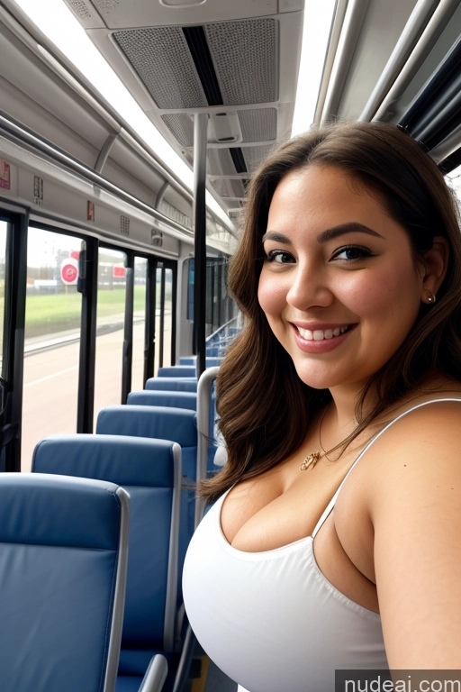 ai nude image of arafed woman in white tank top on a bus with blue seats pics of Woman 30s Busty Thick Chubby Beautiful Bus Satin One Mirror Selfie Front View Long Hair Happy